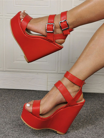 レッドセクシーなヒールサンダル プラスサイズ ホワイト PUレザー ウェッジヒール セクシーな靴 プラスサイズ 靴