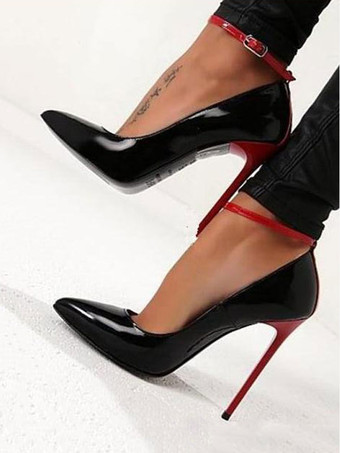 ブラック デニム ハイヒール レディース ポインテッドトゥ スティルトヒール プラスサイズ アンクルストラップパンプス