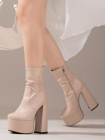 アイボリー 女性のアンクル ブーツ ラウンド トゥ プラットフォーム チャンキー ブライト レザー ヒール ブーティ