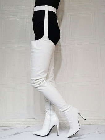 ホワイト ニーブーツプラスサイズの女性スティレットヒールPUレザーレッドサイハイブーツ