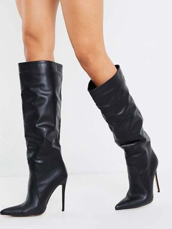 Women Stiletto Heel Pointed Toe Knee-High Boots in Black Bright Leather