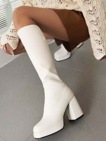 白い膝のハイブーツ女性PUレザー分厚いかかとの膝の長さブーツ