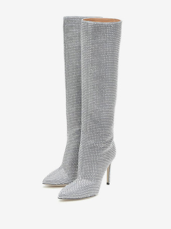 シルバー ハイヒールワイドカーフブーツ女性ラインストーンポインテッドトゥスティレットニーハイブーツセクシーなパーティーシューズ