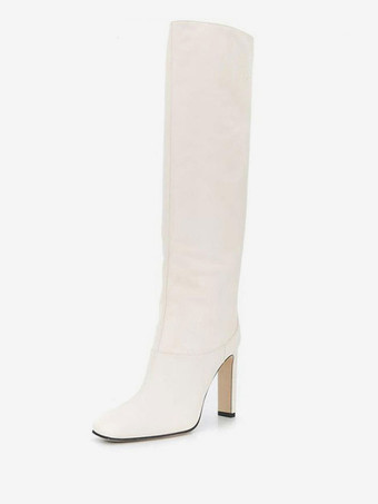 ホワイト レディース バーガンディ ブーツ スクエアトゥ チャンキーヒール ニーハイ ブーツ