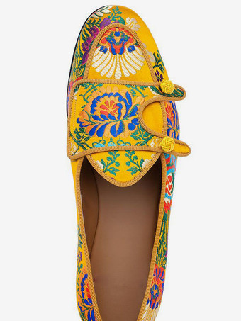 メンズ ローファー プロム パーティー ウェディング シューズ イエロー ラウンドトゥ 刺繍入り スリッポン カジュアルシューズ