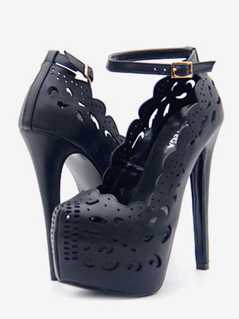 パンプス 厚底 プラットフォーム ブラック ピンヒール アーモンドトゥ PU シューズ 15cm 無地 レイブ・クラブ パーティー キャバ イベント フォーマル アンクルストラップ レディース靴 セクシーハイヒール