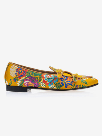 メンズ ローファー プロム パーティー ウェディング シューズ イエロー ラウンドトゥ 刺繍入り スリッポン カジュアルシューズ