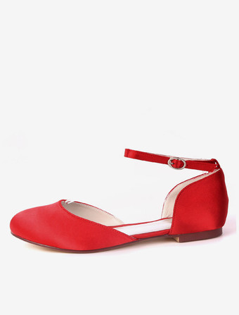 アイボリーウェディングシューズサテンラウンドトゥアンクルストラップフラットブライダルシューズブライドメイドシューズ