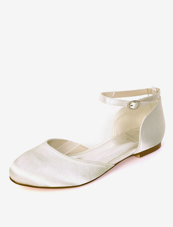 アイボリー アイボリーウェディングシューズサテンラウンドトゥアンクルストラップフラットブライダルシューズブライドメイドシューズ