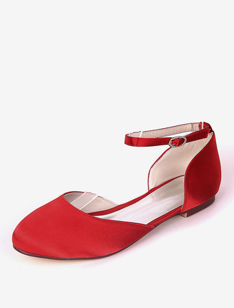 レッドアイボリーウェディングシューズサテンラウンドトゥアンクルストラップフラットブライダルシューズブライドメイドシューズ