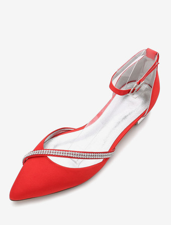 レッド ホワイト　ウェディングシューズ　2025　サテン　ブライズメイドシューズ　ポインテッドトゥ　ラインストーン　フラットブライダルシューズ