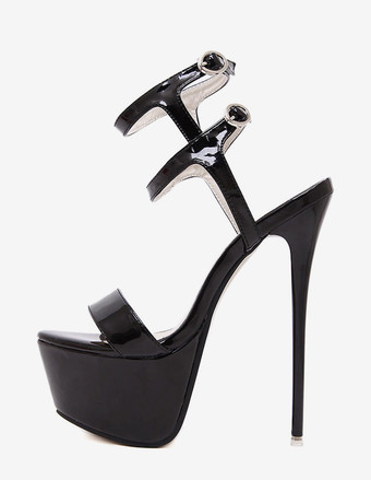 ブラック セクシーサンダル　オープントゥ　靴の甲の素材：パテント　PU　スティレットヒール　セクシー　レイブ・クラブ　