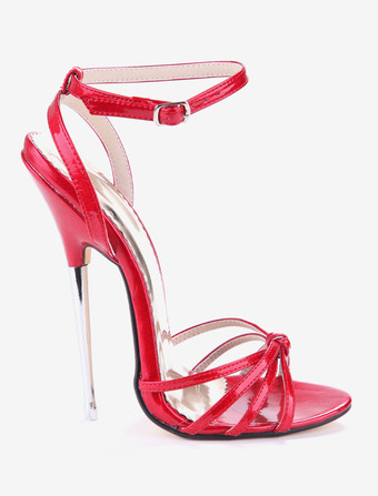 レッドのセクシーシューズ　2025　オープントゥ　結び目　パテントレザー　ハイヒールサンダル