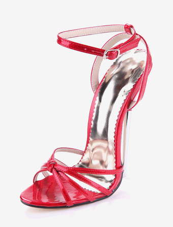 Красные сексуальные ботинки Женщины с открытым носком узловатые лакированные ботинки на высоком каблуке