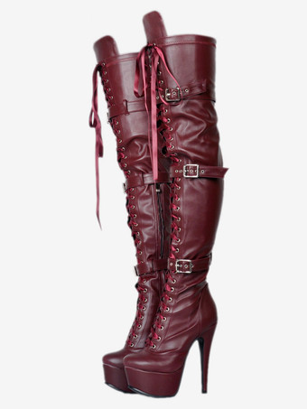 セクシーなサイハイブーツ レディース ブラック プラットフォーム フェイクファー バックル ディテール オーバーニーハイヒール ブーツ