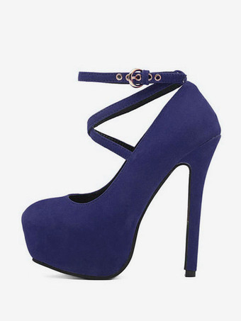 ブルー パンプス 厚底 プラットフォーム ブルー ピンヒール ラウンドトゥ マイクロスエード シューズ 13.5cm バックル ポールダンス パーティー キャバ イベント フォーマル レディース靴