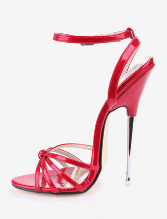 レッドのセクシーシューズ　2025　オープントゥ　結び目　パテントレザー　ハイヒールサンダル