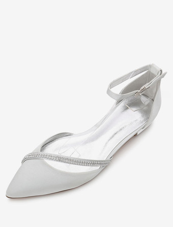 ホワイト　ウェディングシューズ　2025　サテン　ブライズメイドシューズ　ポインテッドトゥ　ラインストーン　フラットブライダルシューズ