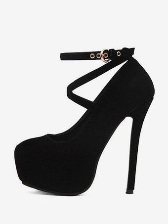 ブラック パンプス 厚底 プラットフォーム ブルー ピンヒール ラウンドトゥ マイクロスエード シューズ 13.5cm バックル ポールダンス パーティー キャバ イベント フォーマル レディース靴