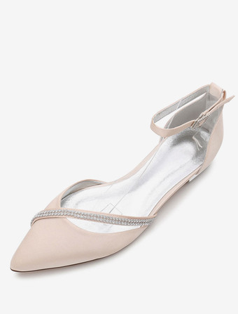 シャンパンカラーホワイト　ウェディングシューズ　2025　サテン　ブライズメイドシューズ　ポインテッドトゥ　ラインストーン　フラットブライダルシューズ