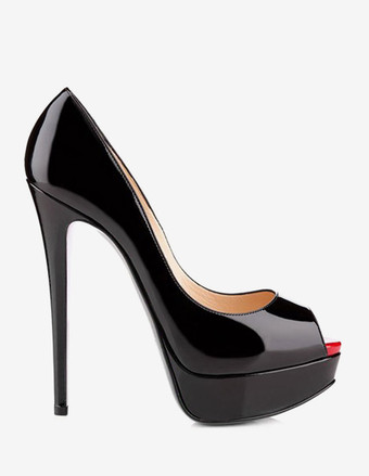 ハイヒールシューズ ピープトウヒールプラットフォームスティレットヒールパンプスセクシー靴 女性 黒