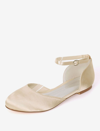 シャンパンカラーアイボリーウェディングシューズサテンラウンドトゥアンクルストラップフラットブライダルシューズブライドメイドシューズ