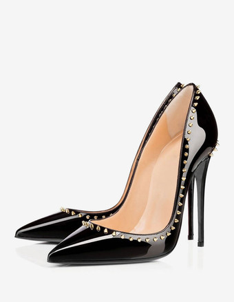 ハイヒール ポインテッドトゥ パンプス ブラック ピンヒール 靴の甲の素材：パテント PU 12cm スタッズ シューズ パテントレザー ハイヒールシューズ 結婚式 二次会 通勤用 仕事 キャバ 卒園式 卒園式 スリップオン レディース靴