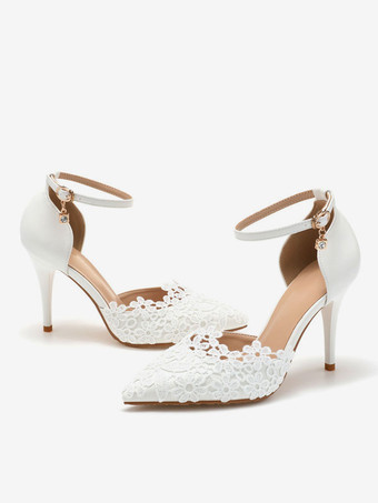 ウェディングシューズホワイトPUレザー尖ったつま先の花スティレットヒールスリップオンレースアッププラスサイズのかかと