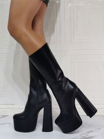 Women Sexy Platform Chunky Heel Mid Calf Boots Black