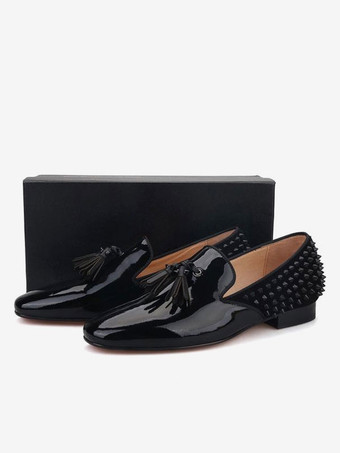メンズ ブラック ローファー タッセル スリップオン バック スパイク プロム パーティー ウェディング シューズ