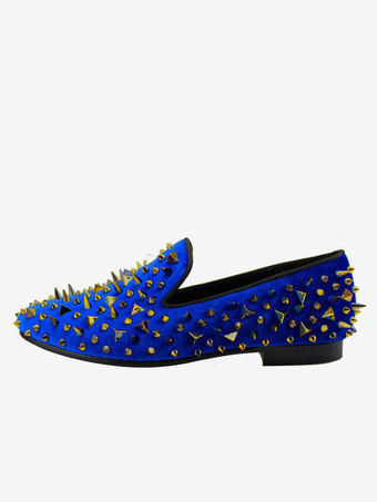 メンズ ゴールデンスパイク リベット ローファー ブルー スエード プロム パーティー ウェディングシューズ