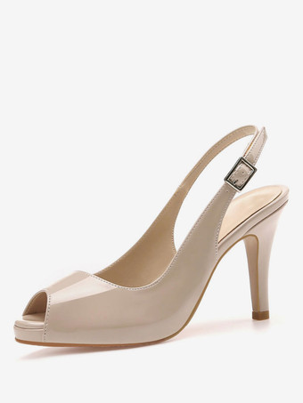 肌色のぞき見つま先のハイヒールスチレットヒールメタル詳細セクシーなスリングバックレディースシューズ