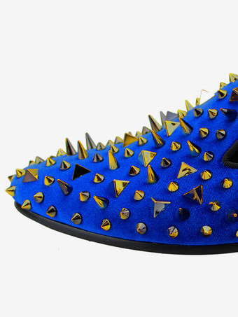 メンズ ゴールデンスパイク リベット ローファー ブルー スエード プロム パーティー ウェディングシューズ