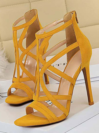 イエロー女性用ハイヒールサンダルブラックオープントゥストラップ付きスティレットサンダル