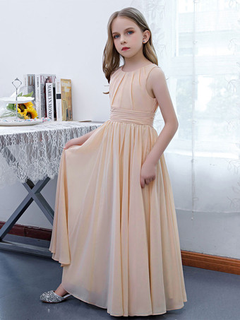 Champagne Robe de demoiselle d'honneur en mousseline de soie plissée col bijou sans manches champagne