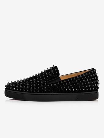 Zapatillas de deporte tipo mocasín sin cordones con remaches de púas de ante negro para hombre