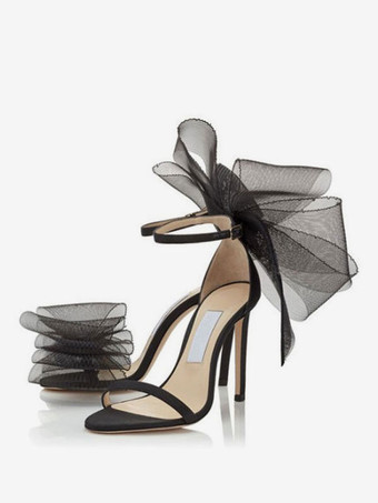 ブラック プロム ヒール レディース アンクル ストラップ ボウ サンダル ブライダル シューズ