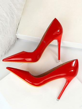 レッド ハイヒール ポインテッドトゥ パンプス 靴の甲の素材：パテント PU ホワイト 10.5cm スリップオン ピンヒール シューズ 無地 レディース靴 結婚式 二次会 通勤用 仕事 キャバ 卒園式