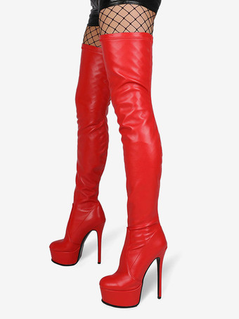 オーバーザニーブーツ レザー ラウンドトゥ プラットフォーム サイハイブーツ ブラック