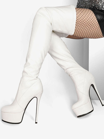 ホワイト オーバーザニーブーツ レザー ラウンドトゥ プラットフォーム サイハイブーツ ブラック