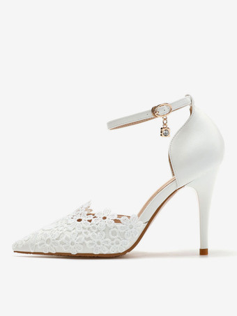 ウェディングシューズホワイトPUレザー尖ったつま先の花スティレットヒールスリップオンレースアッププラスサイズのかかと