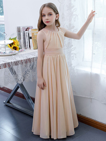 Robe de demoiselle d'honneur en mousseline de soie plissée col bijou sans manches champagne