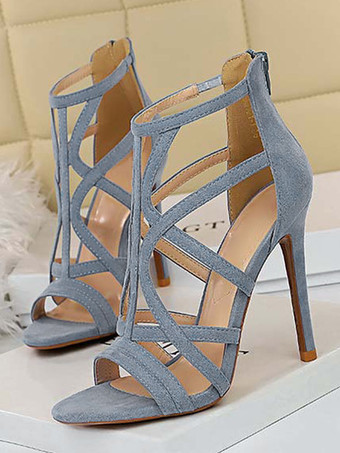 ライトスカイブルー女性用ハイヒールサンダルブラックオープントゥストラップ付きスティレットサンダル