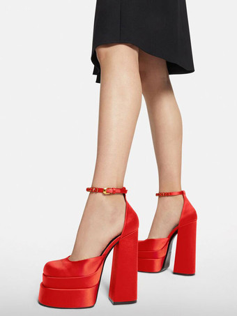 女性のチャンキープラットフォームヒールブライダルウェディングシューズ、ラインストーンアンクルストラップ付き