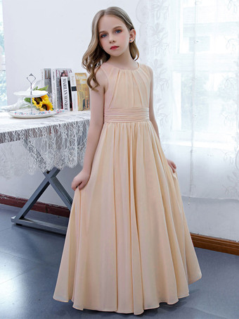 Robe de demoiselle d'honneur en mousseline de soie plissée col bijou sans manches champagne