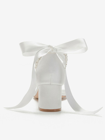 女性用サテンアンクルストラップローブロックヒールウェディングブライダルサンダル、ボウパール付き