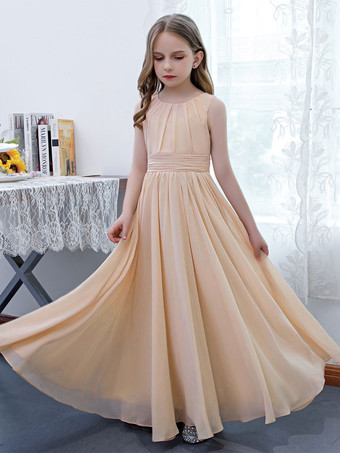 Robe de demoiselle d'honneur en mousseline de soie plissée col bijou sans manches champagne