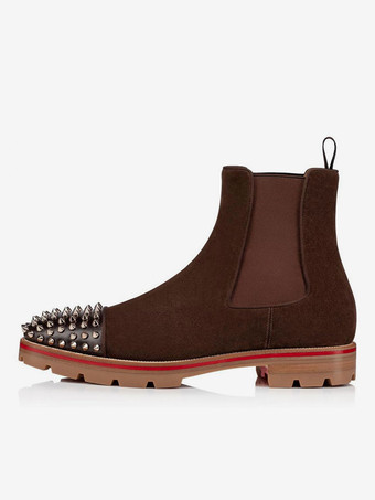 メンズ チェルシー スパイクブーツ スエードレザー ラウンドトゥ チャンキーラグソール 伸縮性のあるガセット プルタブ スリップオン アンクルブーツ