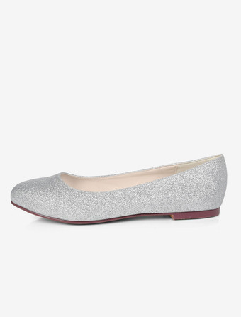 銀の結婚式の靴花嫁介添人の靴の女性のバレエフラットの上でキラキララウンドトゥスリップ