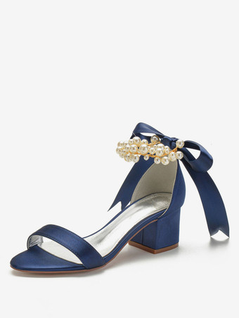 ディープブルー女性用サテンアンクルストラップローブロックヒールウェディングブライダルサンダル、ボウパール付き